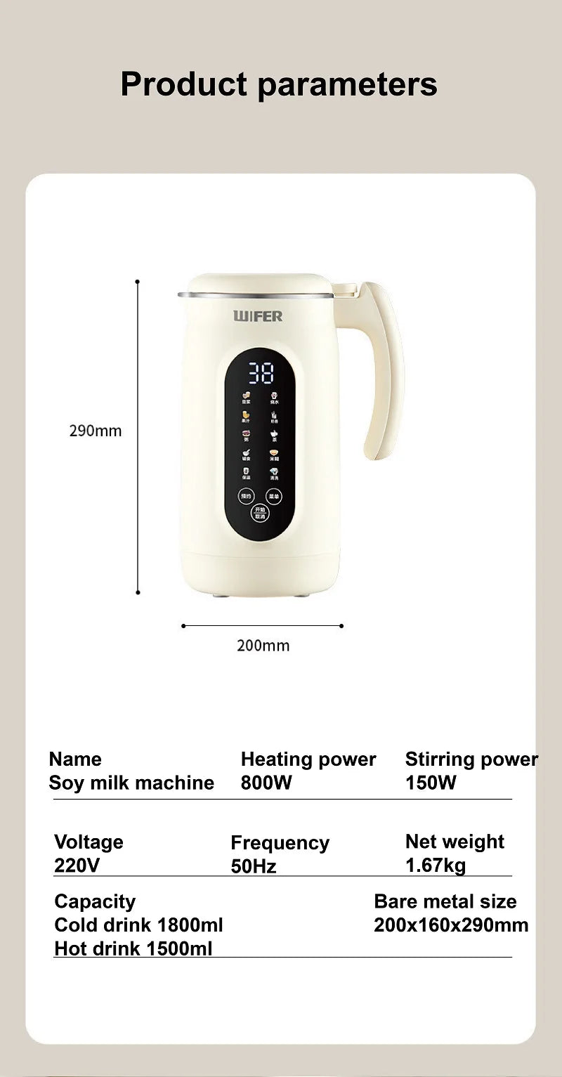 1.8L Soymilk Maker Electric Juicer 12h Appointment Rice Paste Machine Rapid Heating Food Wall Breaker Automatic