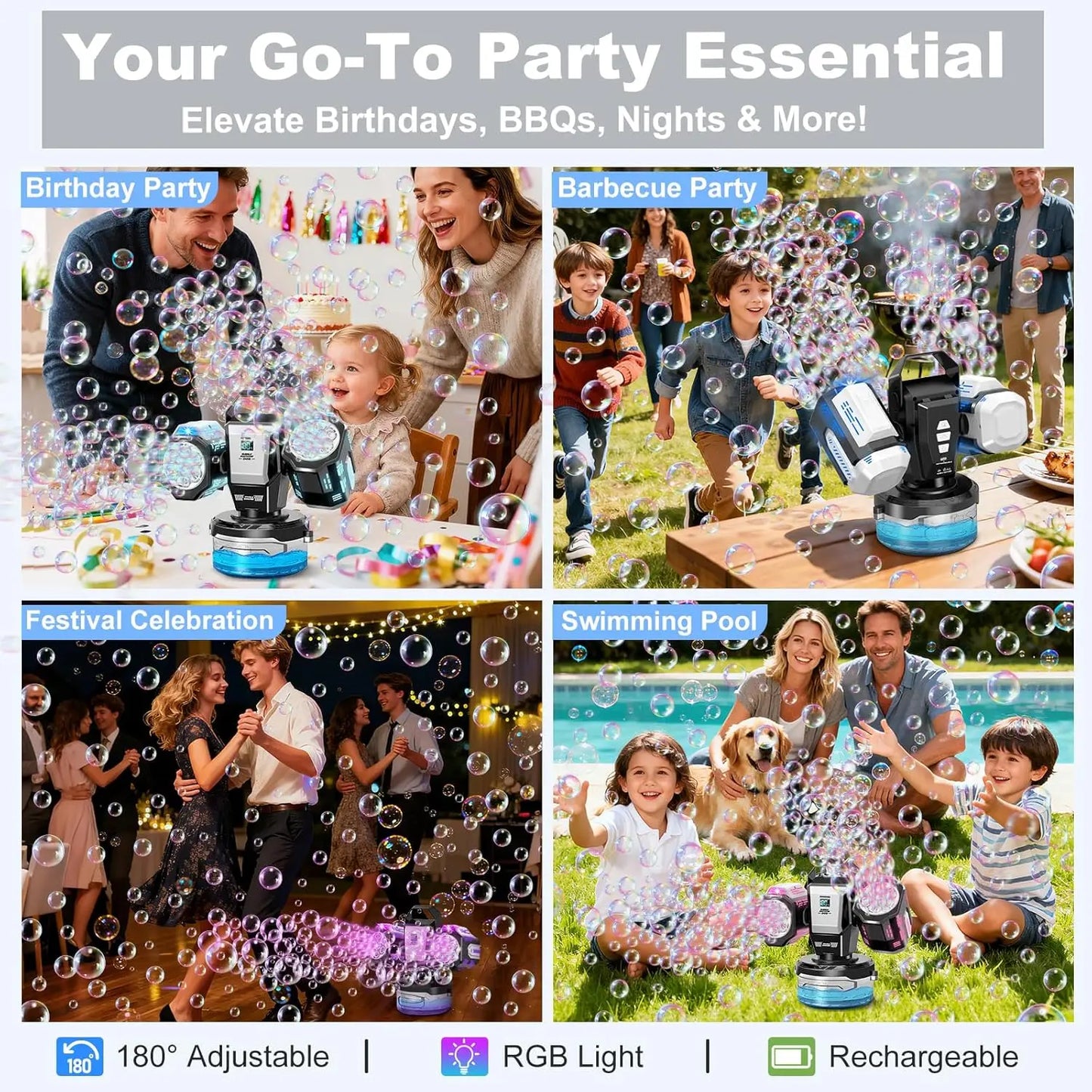2026 RGB Bubble Machine with Remote Control 1800mAh Rechargeable Type-C for Kids Unisex No Bubble Solution Included
