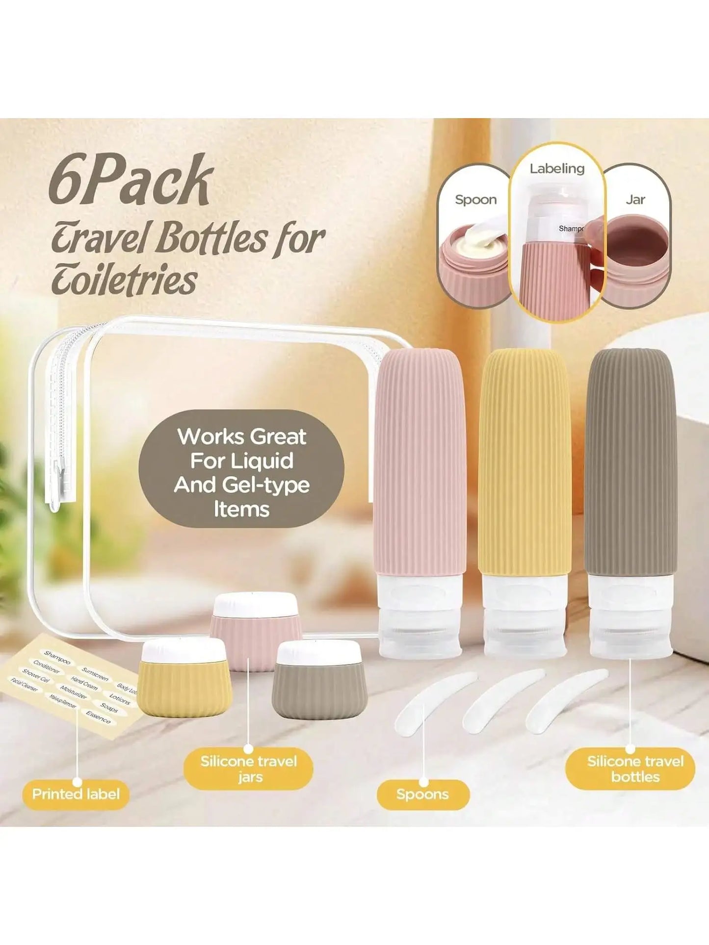 Travel Essentials Bottle Set of 6, Tsa Approved Travel Toiletry Container Set, 3 Silicone Leak-Proof Refillable Bottles and 3 Cream Jar Accessories Kit