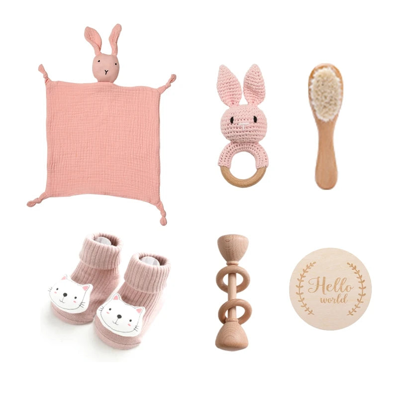 Baby Double Sided Cotton Blanket 7PCS Newborn Bath Set Gift Box Wooden Crochet Rattle Brushs Bracelet Towel For Baby Shower Gift