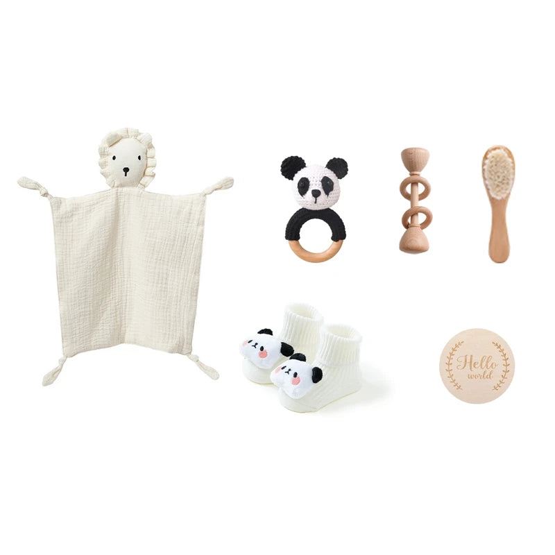 Baby Double Sided Cotton Blanket 7PCS Newborn Bath Set Gift Box Wooden Crochet Rattle Brushs Bracelet Towel For Baby Shower Gift
