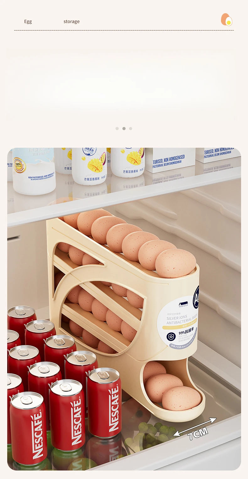 4Tiers Automatic Egg Roller Storage Holder Plastic Space Saving Egg Dispenser for Kitchen Organization