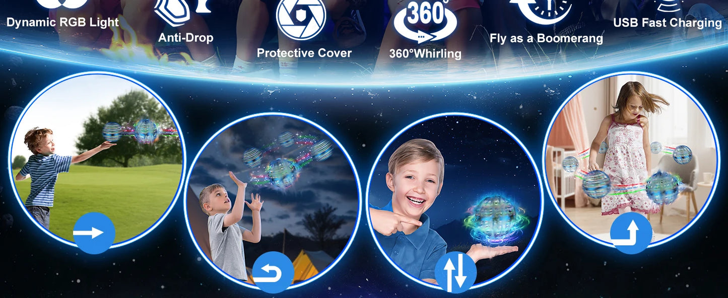 AI Flying Orb Ball Galaxy Cosmic Globe Hand Drone Boomerang Fidget Spinning Toy 9.5cm Diameter Plastic Juggling Ball for Ages 14+