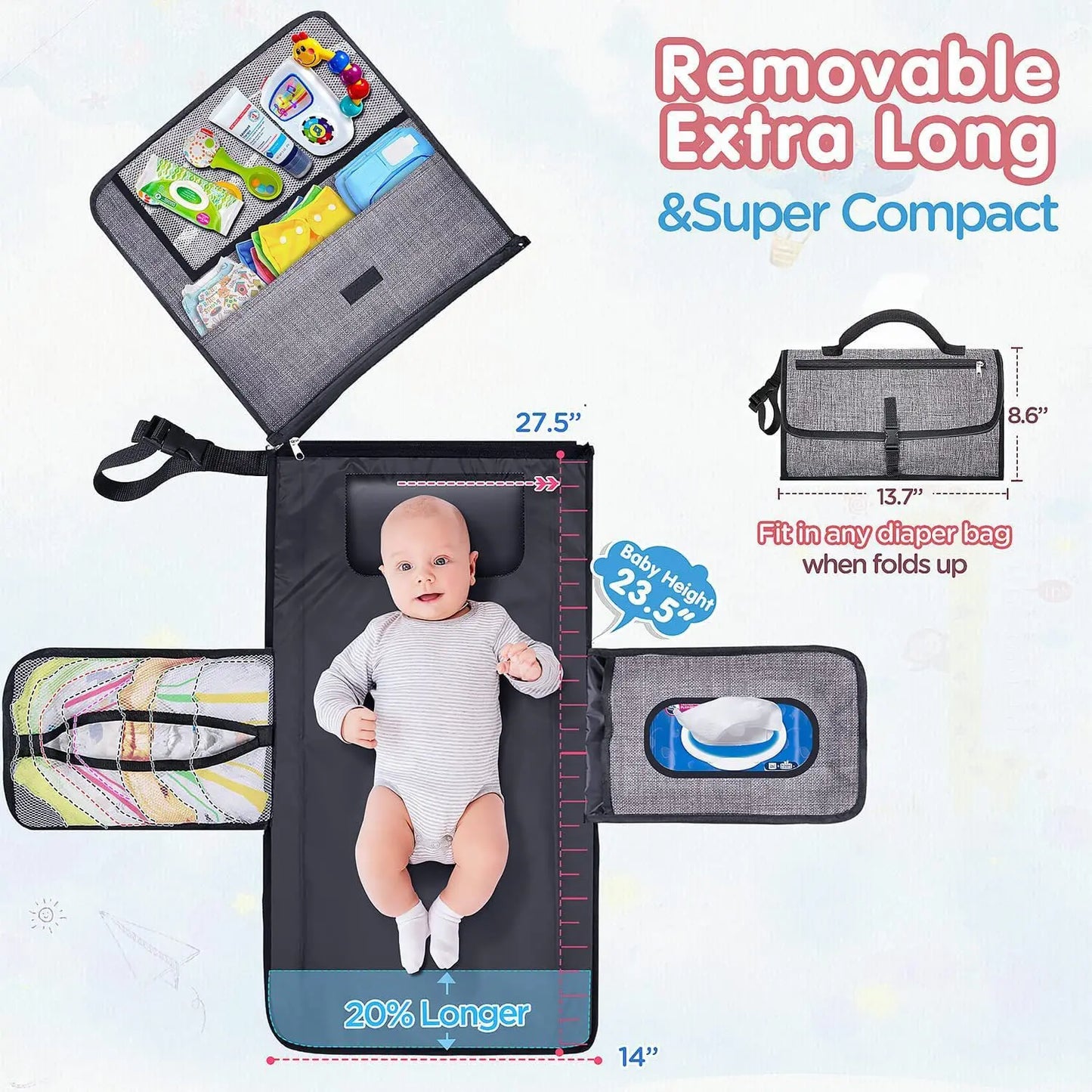 3 in 1 Diaper Changing Pad Portable Baby Changing Pad with Pockets Waterproof Travel Diaper Changing Hand Folding Diaper Bag