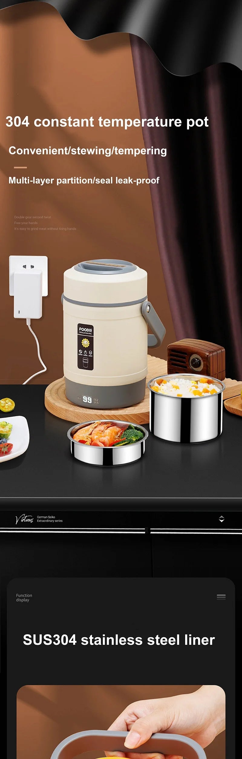 100-240V Electric Lunch Box 12V Car Rice Cooker Portable 304 Stainless Steel Double Layer Linner Thermal Insulation Lunch Box