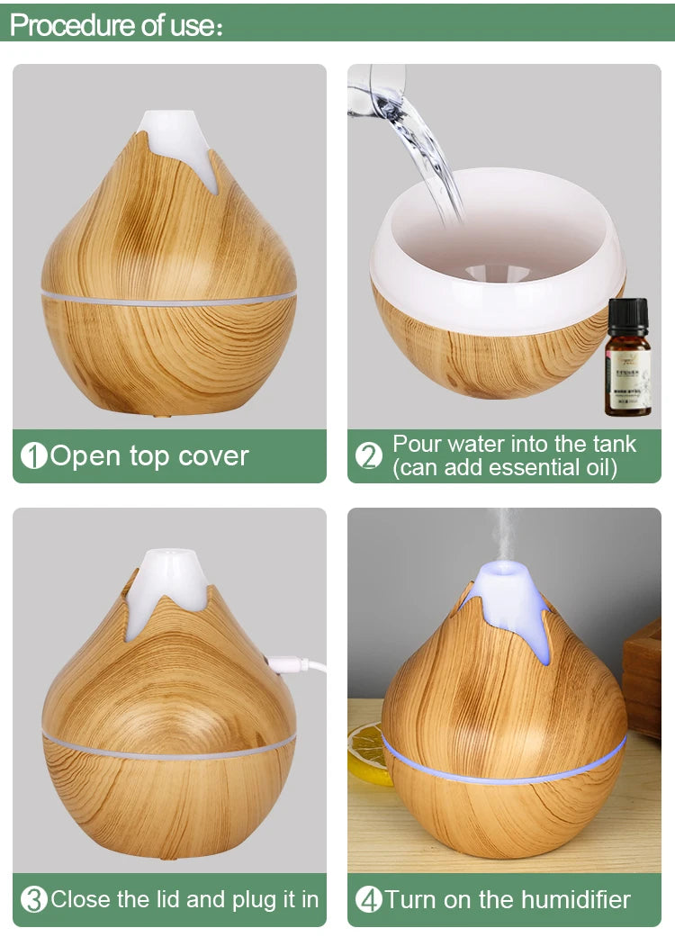 Aromatherapy Essential Oil Diffuser 350ML Wood Grain Remote Control Ultrasonic Air Humidifier Cool with 7 Color LED Light