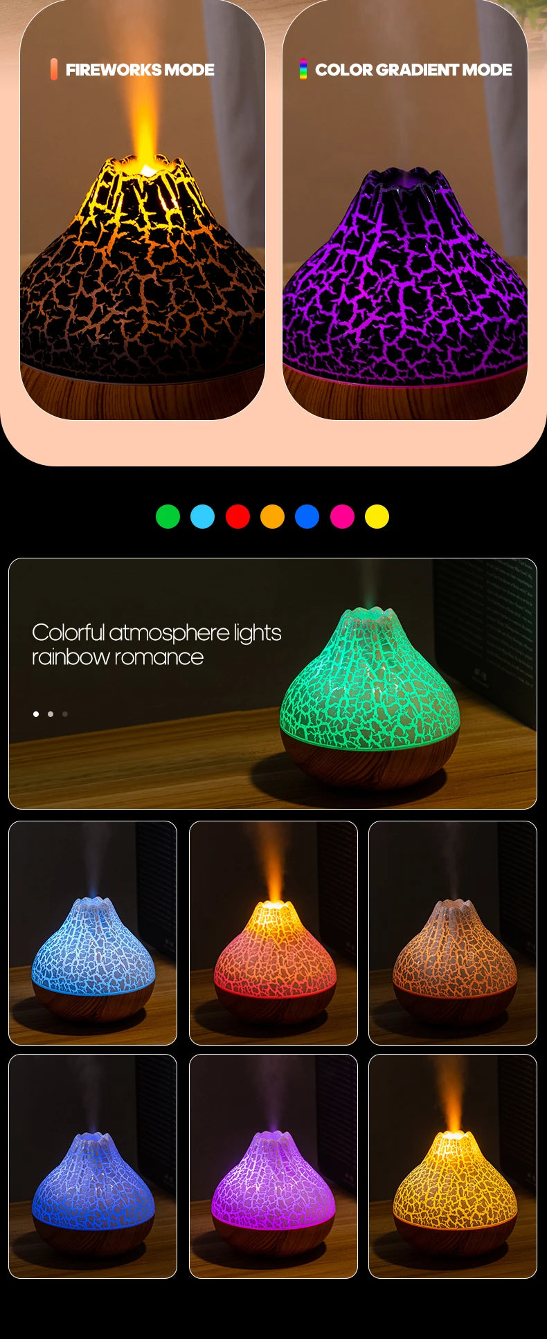 300ml Volcano USB Humidifier Desktop Air Mist Diffuser with 7-Color Night Light Ultrasonic Water Purifier Freshener with Quiet Operation
