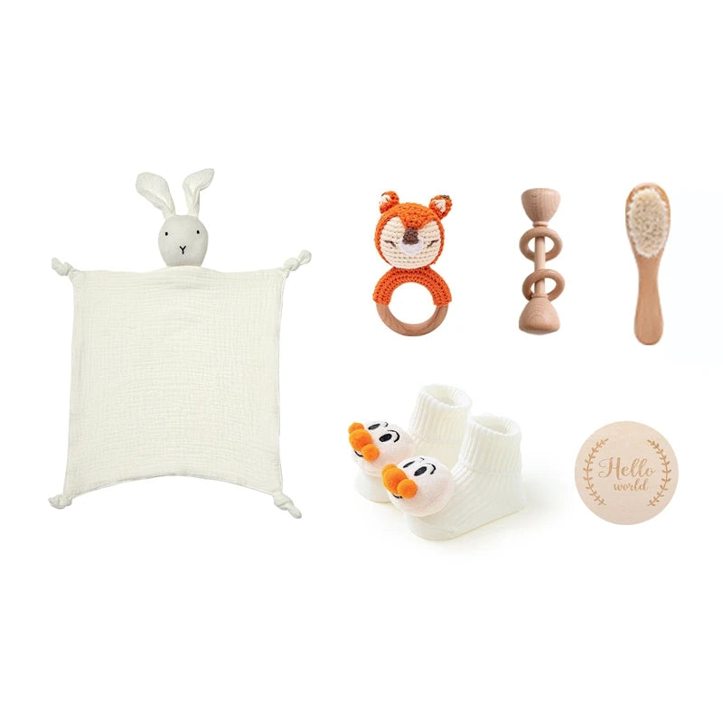 Baby Double Sided Cotton Blanket 7PCS Newborn Bath Set Gift Box Wooden Crochet Rattle Brushs Bracelet Towel For Baby Shower Gift