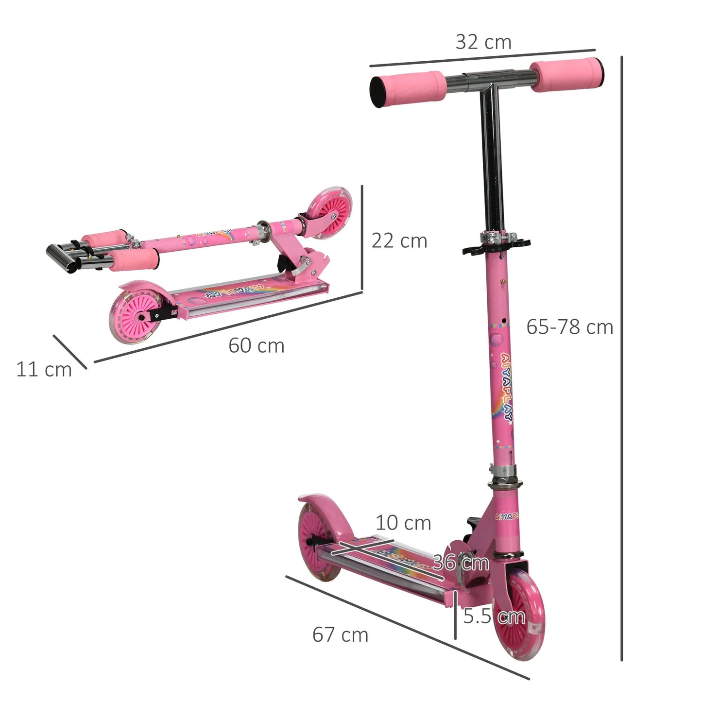 HOMCOM Kids Scooter 2 Wheels W/ Lights Music Adjustable Height Foldable