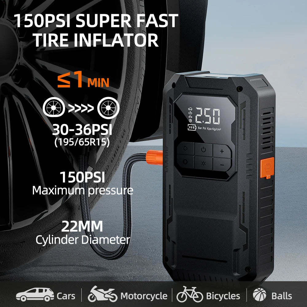 4-IN-1 Car Jump Starter with Air Compressor Car Auto Battery Booster Device150PSI Air Pump Portable Power Bank Tire Inflator