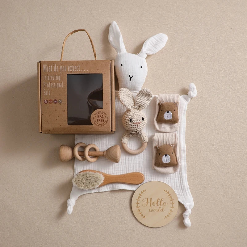 Baby Double Sided Cotton Blanket 7PCS Newborn Bath Set Gift Box Wooden Crochet Rattle Brushs Bracelet Towel For Baby Shower Gift