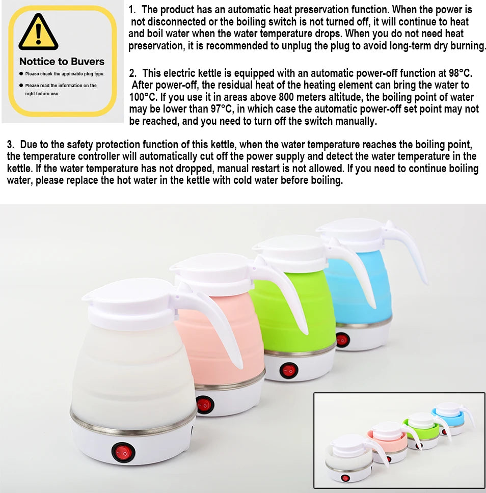 Mini foldable electric kettle 0.6L portable electric kettle household travel water heater silicone compression 110V-220V
