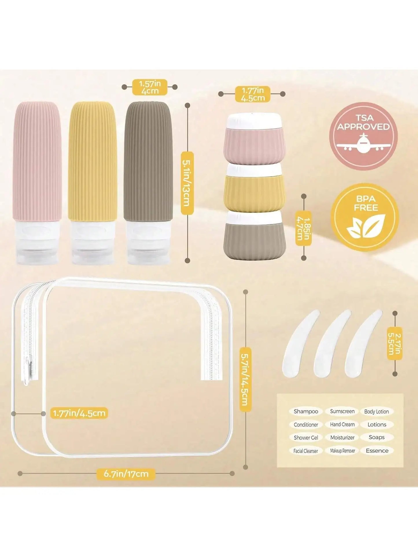 Travel Essentials Bottle Set of 6, Tsa Approved Travel Toiletry Container Set, 3 Silicone Leak-Proof Refillable Bottles and 3 Cream Jar Accessories Kit