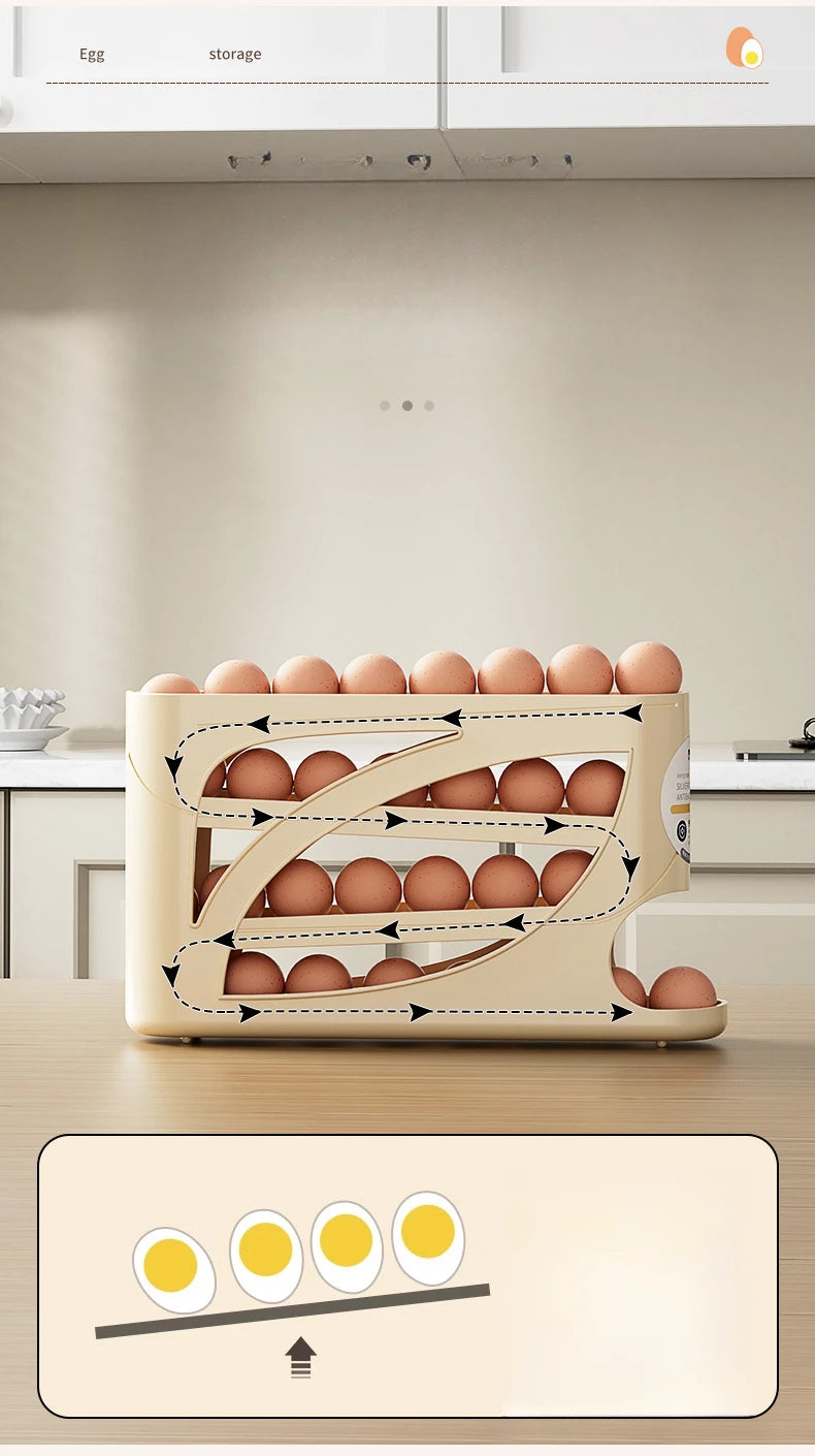 4Tiers Automatic Egg Roller Storage Holder Plastic Space Saving Egg Dispenser for Kitchen Organization