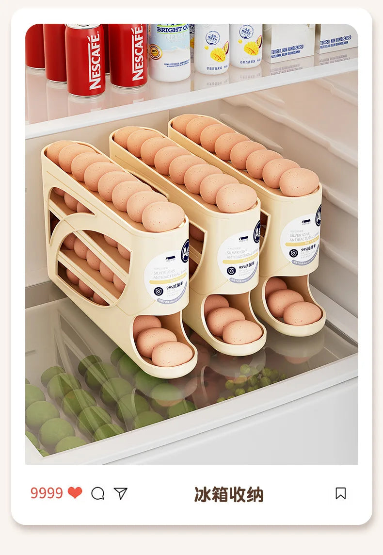 4Tiers Automatic Egg Roller Storage Holder Plastic Space Saving Egg Dispenser for Kitchen Organization