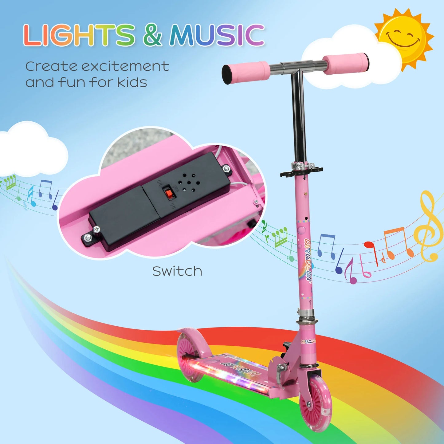 HOMCOM Kids Scooter 2 Wheels W/ Lights Music Adjustable Height Foldable