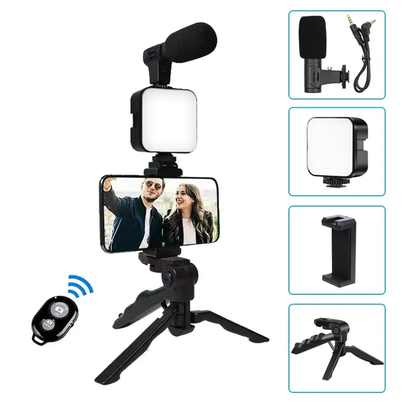 Smartphone Vlogging Kit With Tripod Phone Holder Mini Microphone LED Fill Light Starter For TikTok Live Stream Video YouTube