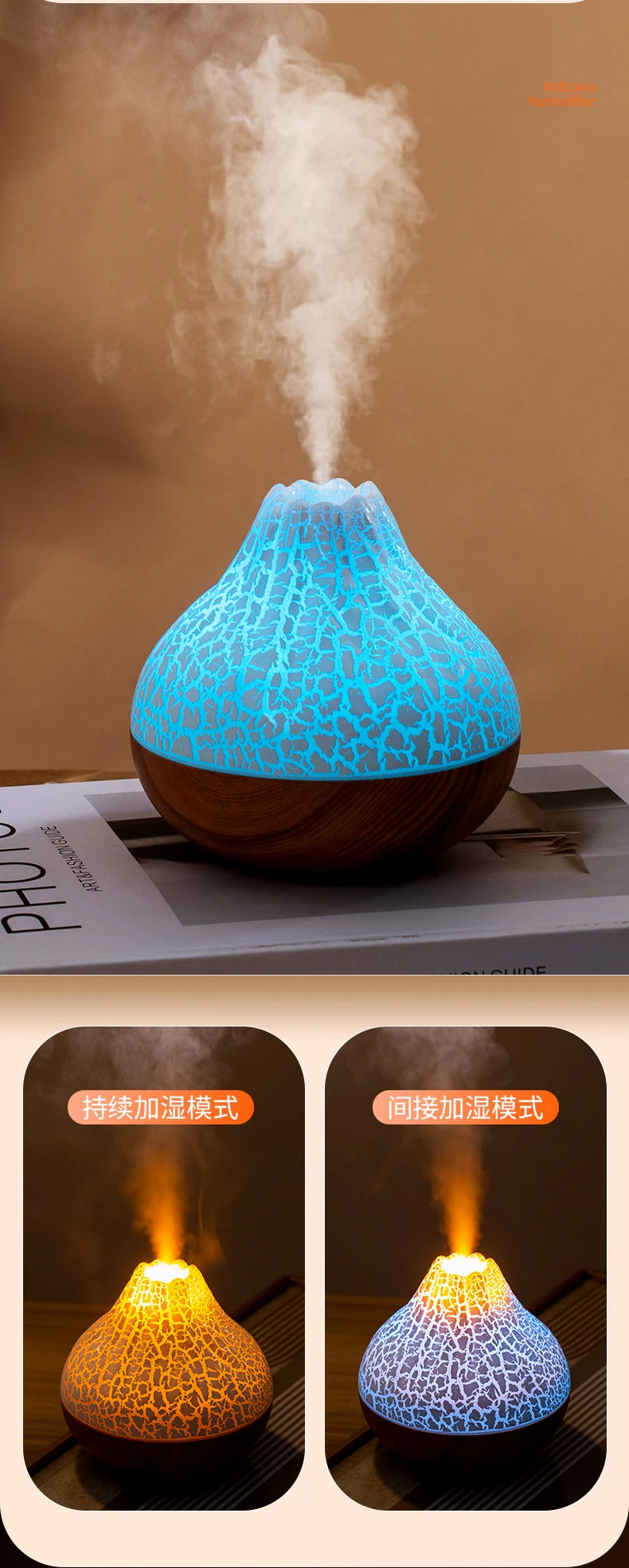 300ml Volcano USB Humidifier Desktop Air Mist Diffuser with 7-Color Night Light Ultrasonic Water Purifier Freshener with Quiet Operation