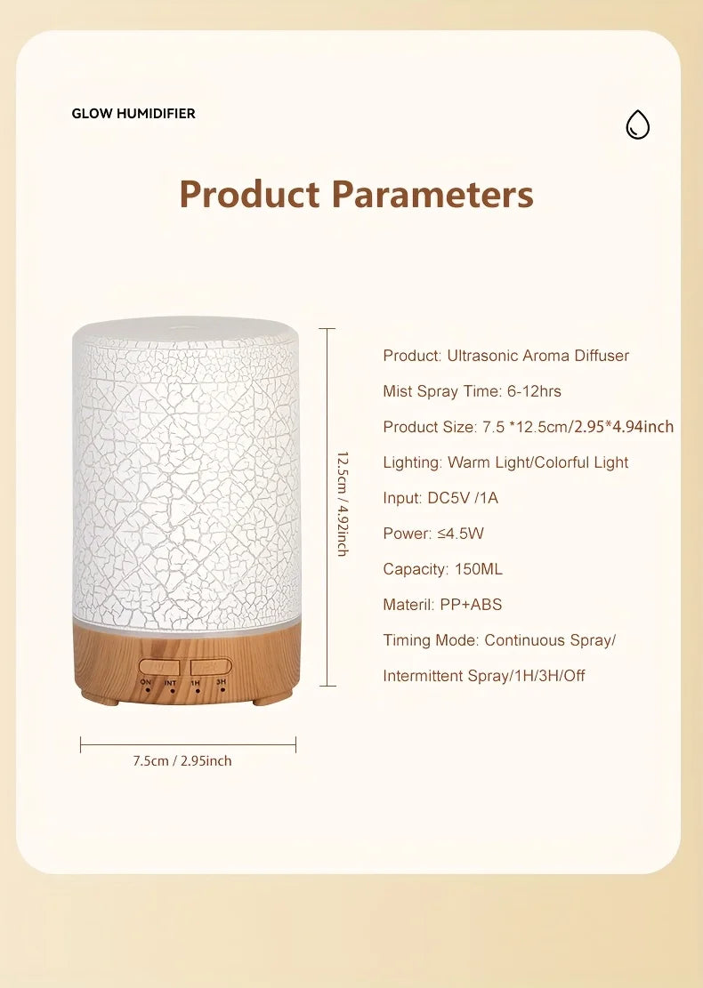 150ml Crack Design Essential Oil Diffuser with 7 Color LED USB Ultrasonic Air Humidifier for Living Room Office