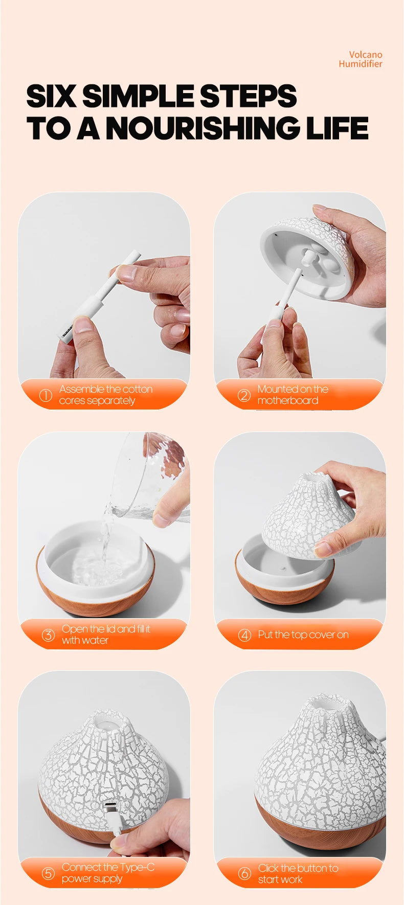 300ml Volcano USB Humidifier Desktop Air Mist Diffuser with 7-Color Night Light Ultrasonic Water Purifier Freshener with Quiet Operation