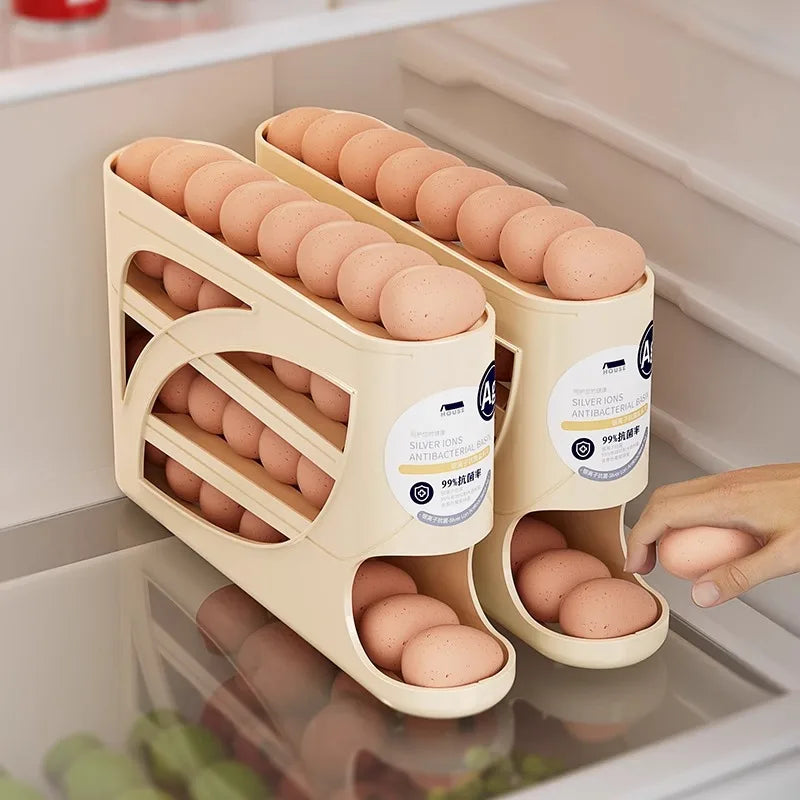 4Tiers Automatic Egg Roller Storage Holder Plastic Space Saving Egg Dispenser for Kitchen Organization