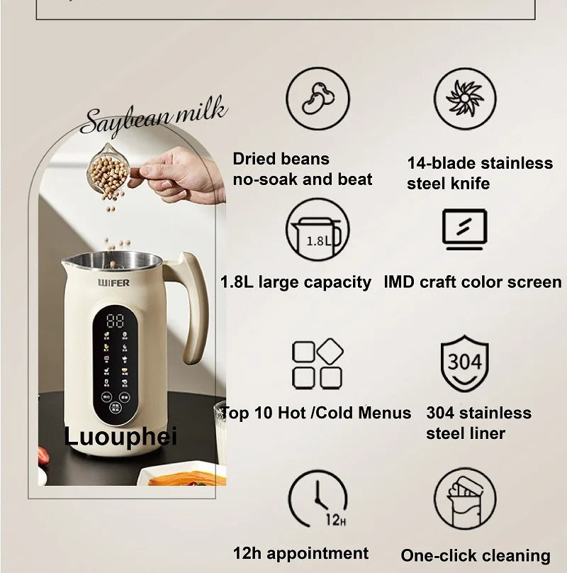 1.8L Soymilk Maker Electric Juicer 12h Appointment Rice Paste Machine Rapid Heating Food Wall Breaker Automatic