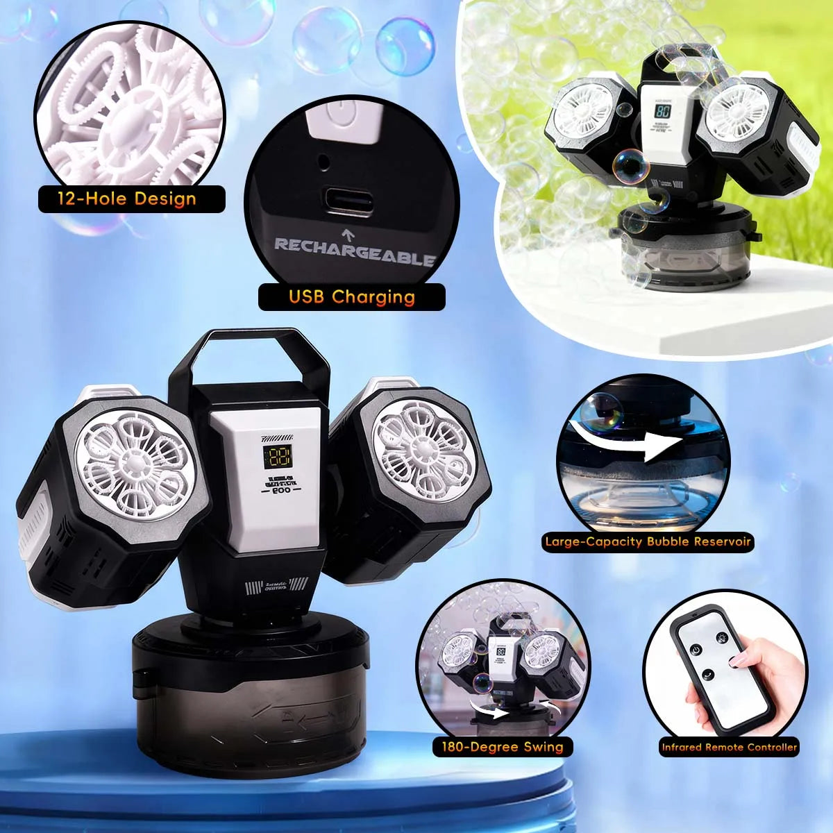 2026 RGB Bubble Machine with Remote Control 1800mAh Rechargeable Type-C for Kids Unisex No Bubble Solution Included