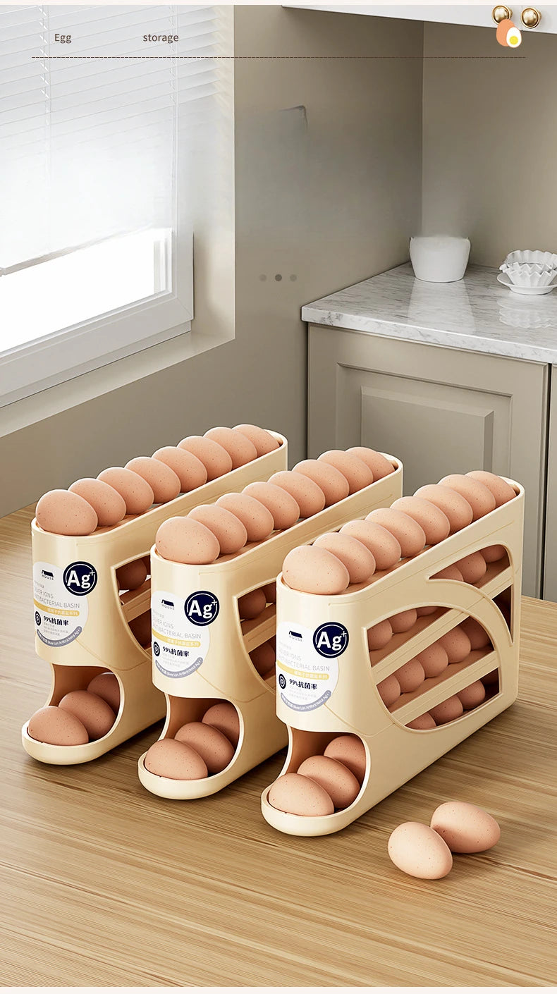 4Tiers Automatic Egg Roller Storage Holder Plastic Space Saving Egg Dispenser for Kitchen Organization