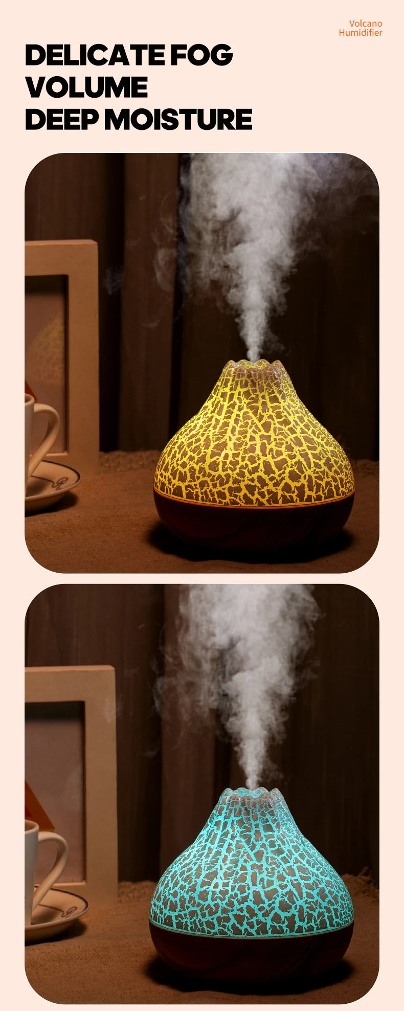 300ml Volcano USB Humidifier Desktop Air Mist Diffuser with 7-Color Night Light Ultrasonic Water Purifier Freshener with Quiet Operation