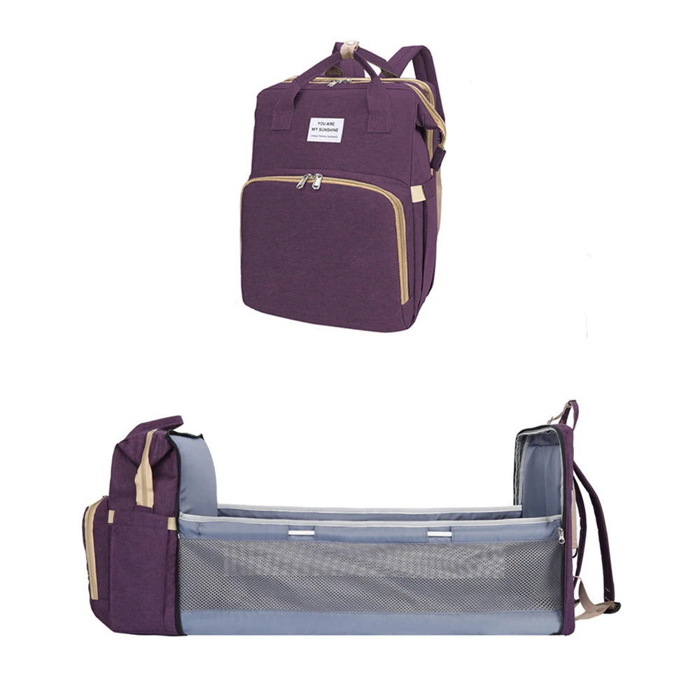 Foldable bed diaper bag with changing station insulated pocket and large capacity Multifunctional Double shoulder mommy bag