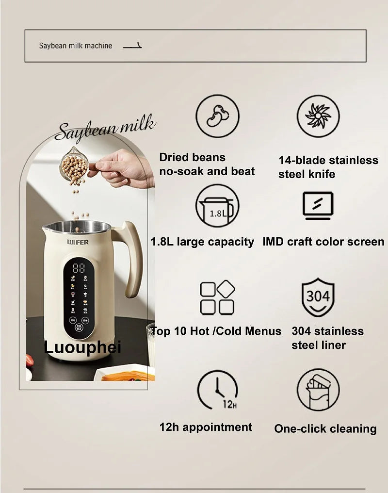 1.8L Soymilk Maker Electric Juicer 12h Appointment Rice Paste Machine Rapid Heating Food Wall Breaker Automatic