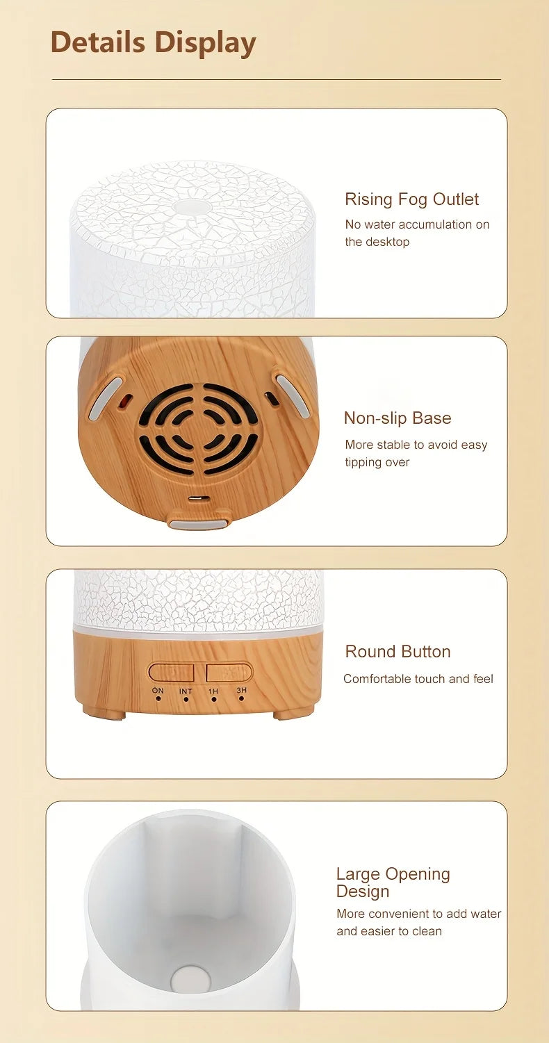 150ml Crack Design Essential Oil Diffuser with 7 Color LED USB Ultrasonic Air Humidifier for Living Room Office