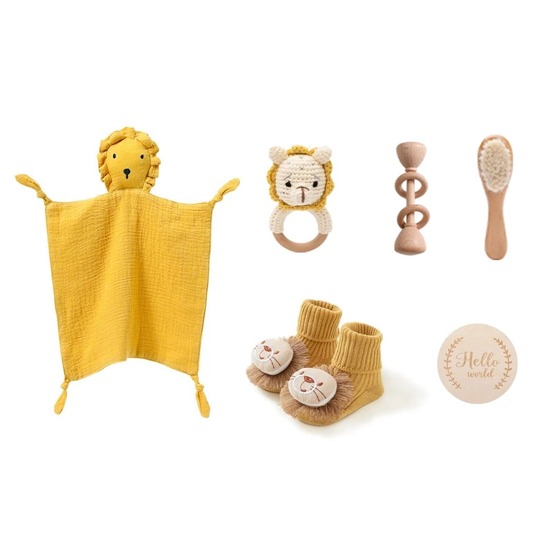 Baby Double Sided Cotton Blanket 7PCS Newborn Bath Set Gift Box Wooden Crochet Rattle Brushs Bracelet Towel For Baby Shower Gift