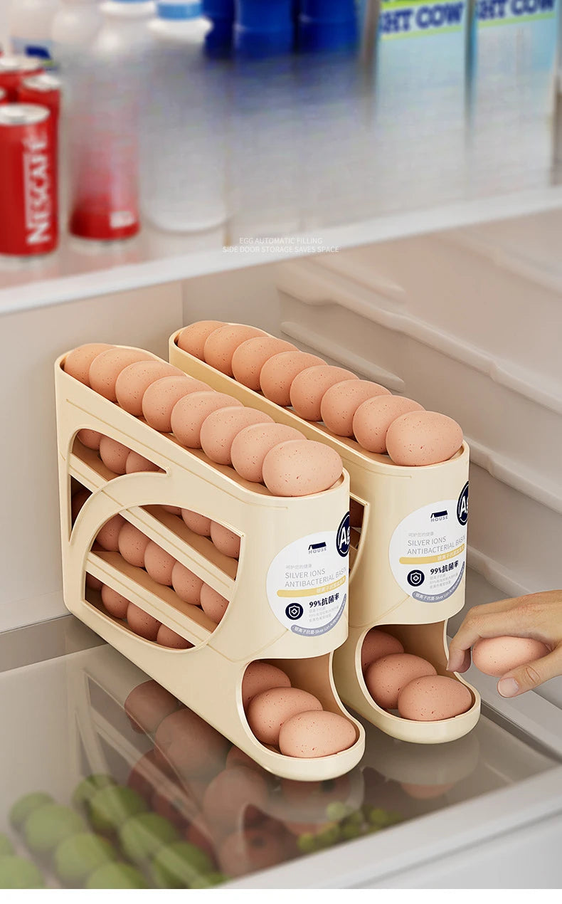 4Tiers Automatic Egg Roller Storage Holder Plastic Space Saving Egg Dispenser for Kitchen Organization