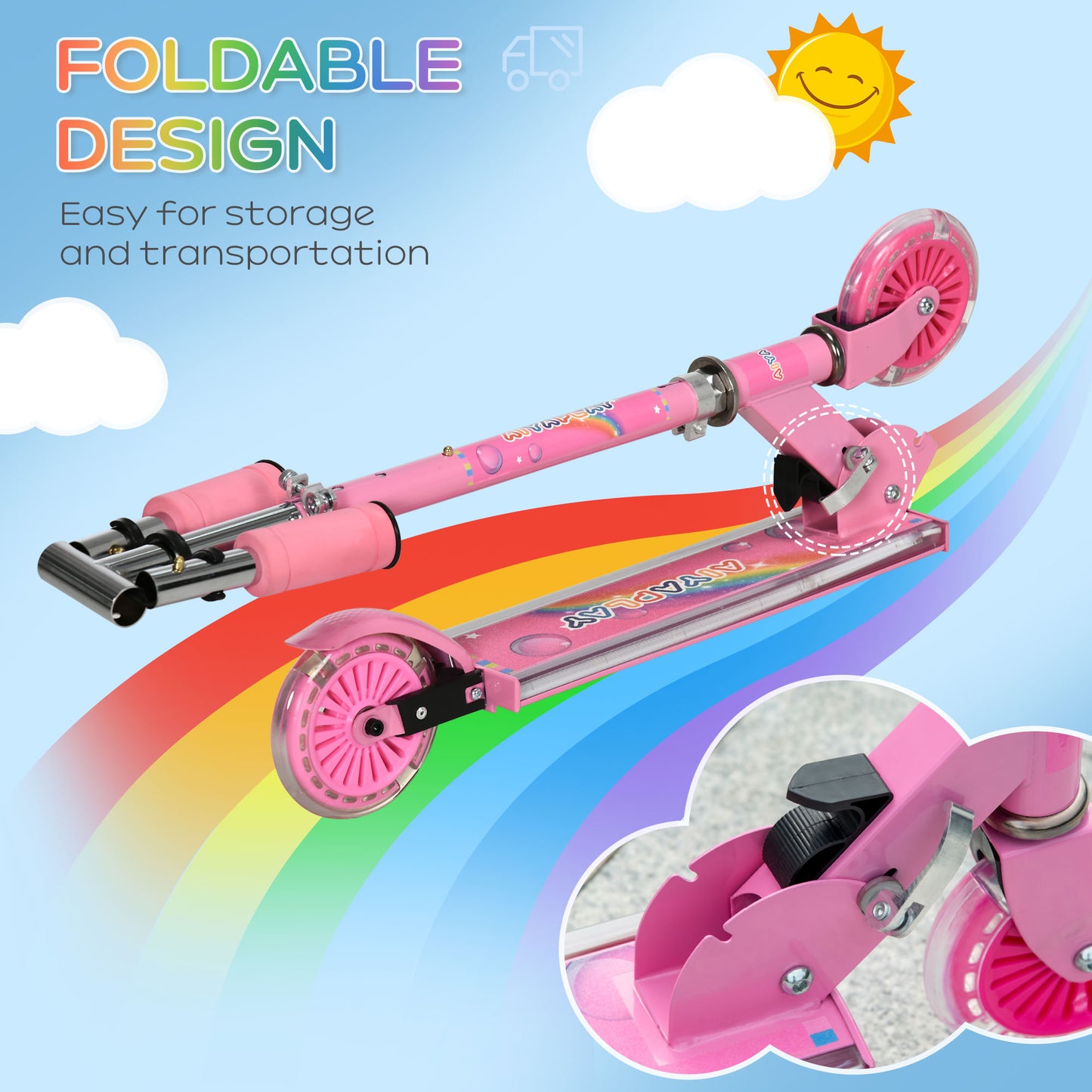 HOMCOM Kids Scooter 2 Wheels W/ Lights Music Adjustable Height Foldable